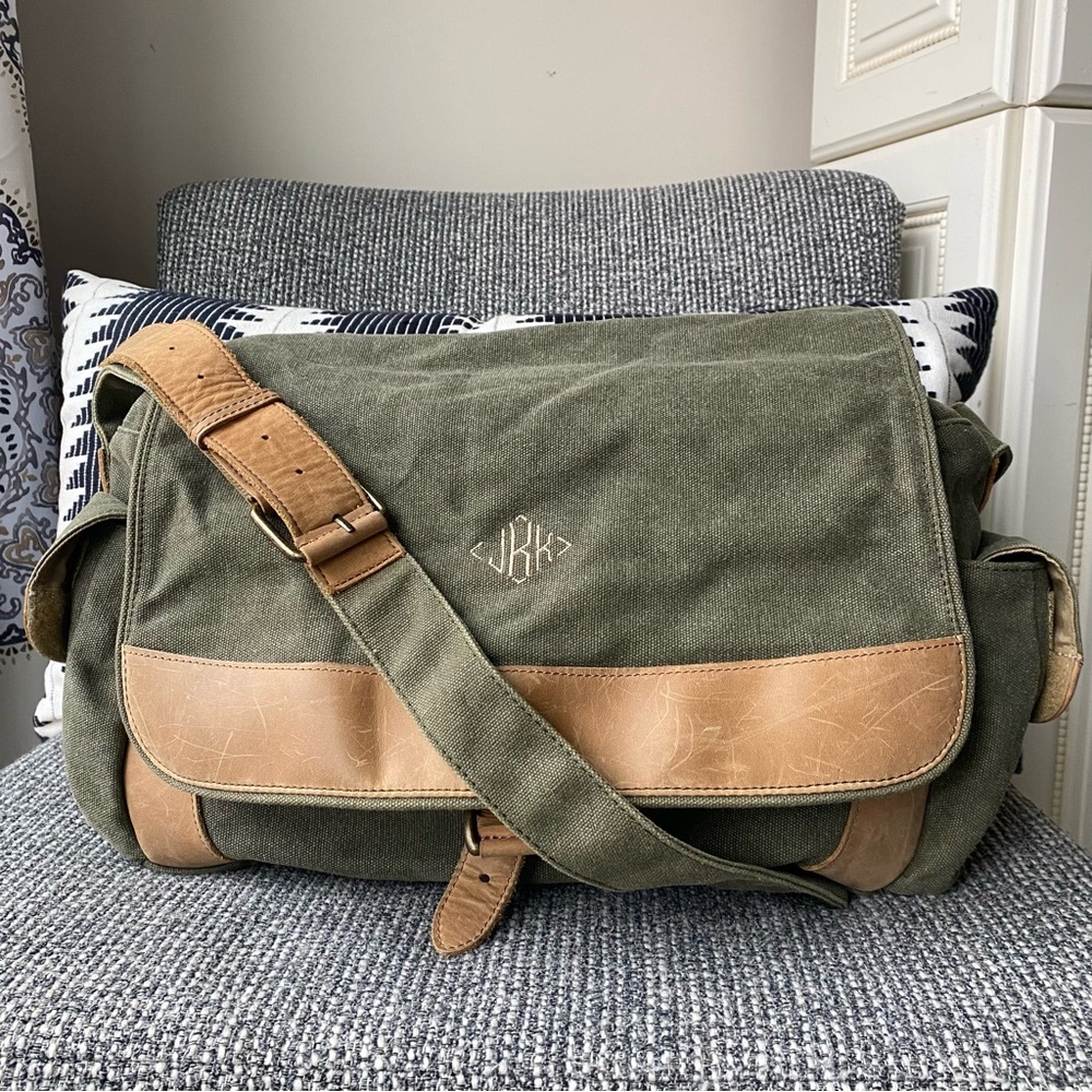 90s LL Bean Canvas & Leather Messenger Crossbody Bag